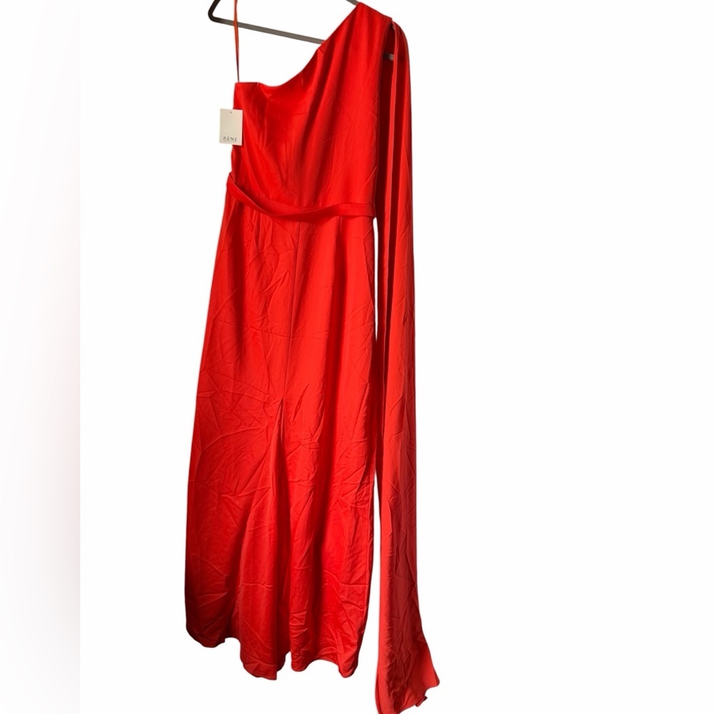 Rene Ruiz Bright Orange Red One-Shoulder Draped Evening Gown Flowing Cape Prom - Picture 2 of 8